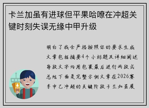 卡兰加虽有进球但平果哈嘹在冲超关键时刻失误无缘中甲升级